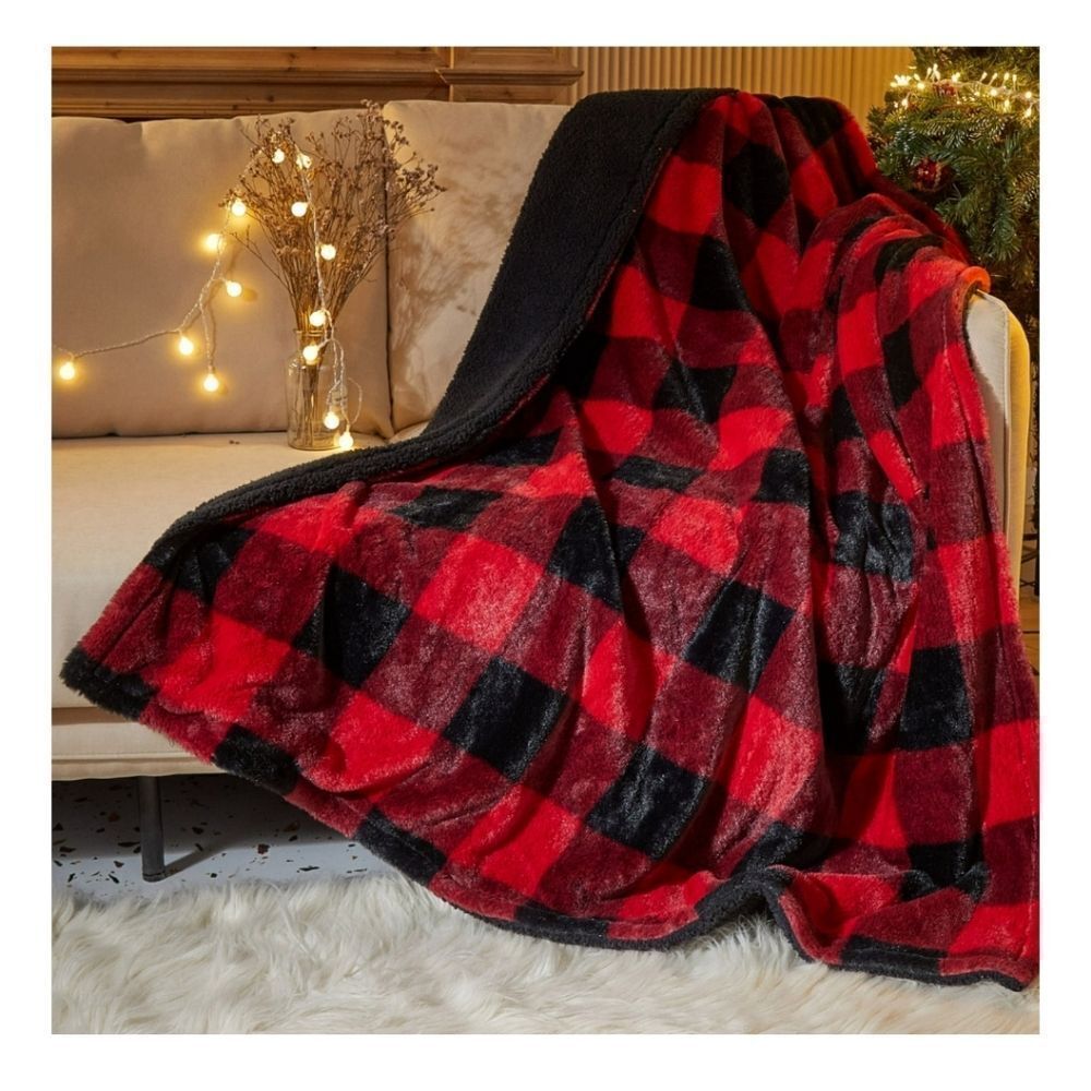 NWT Dearfoams Cozy Flannel Plush Buffalo Check Plaid Blanket Throw 50" x 60"
